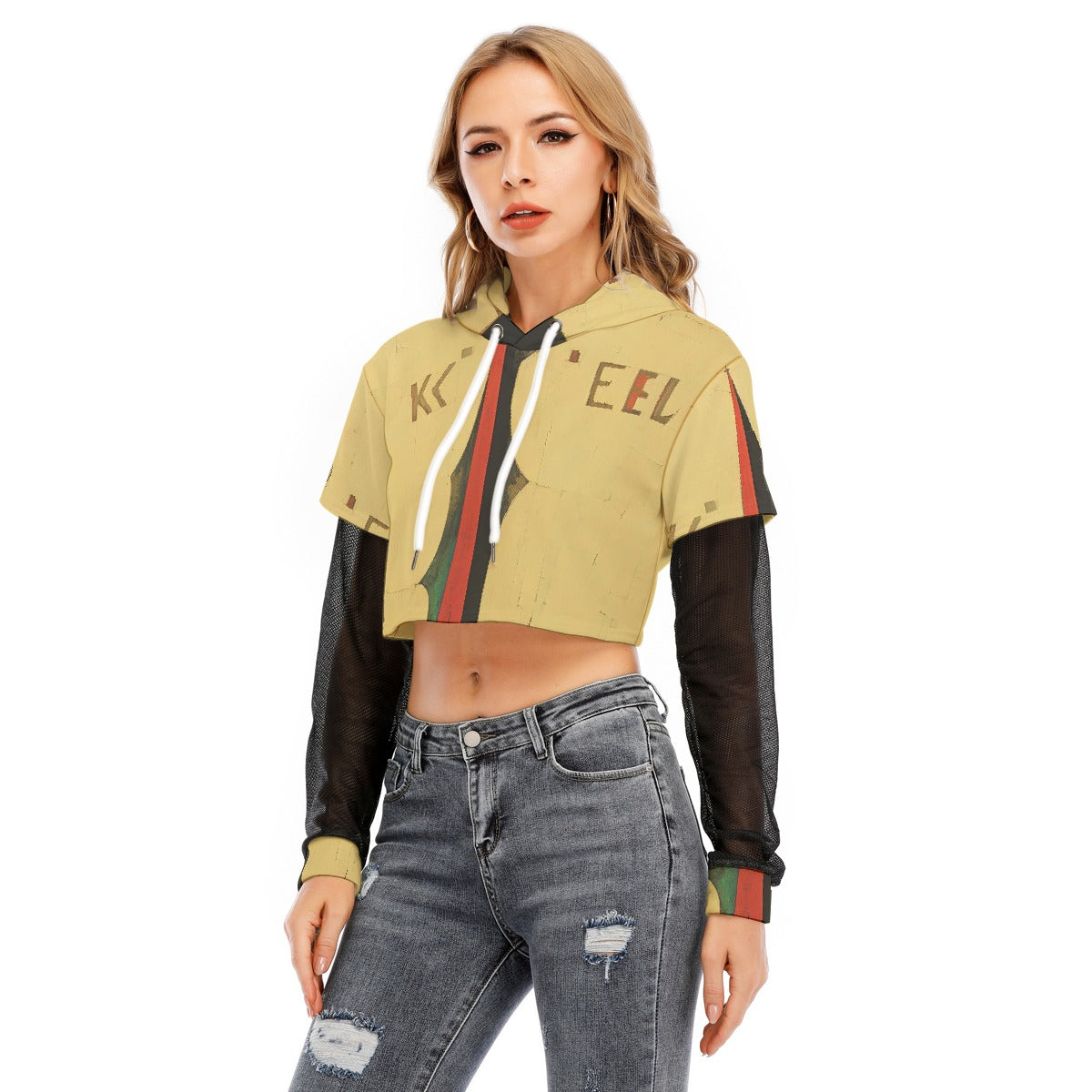 All-Over Print Women's Fake Two-piece Mesh Sleeve Cropped Hoodie