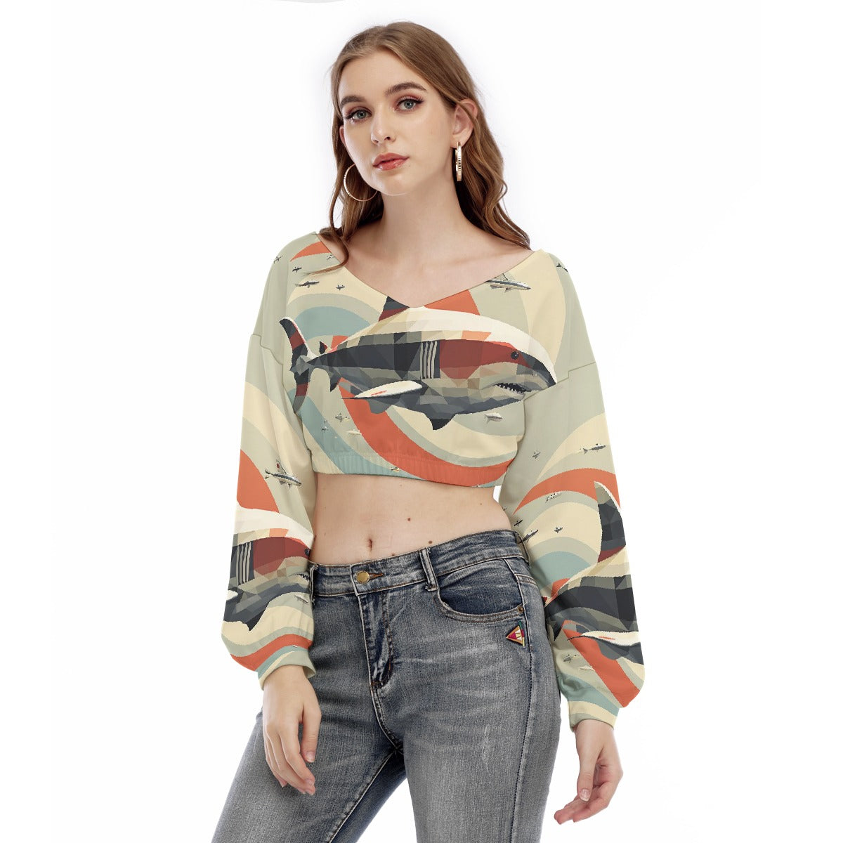 All-Over Print Women's V-neck Long Sleeve Cropped Sweatshirt
