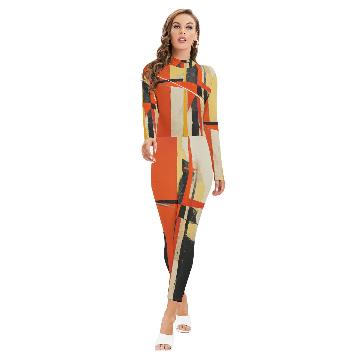 All-Over Print Women's Long-sleeved High-neck Jumpsuit With Zipper