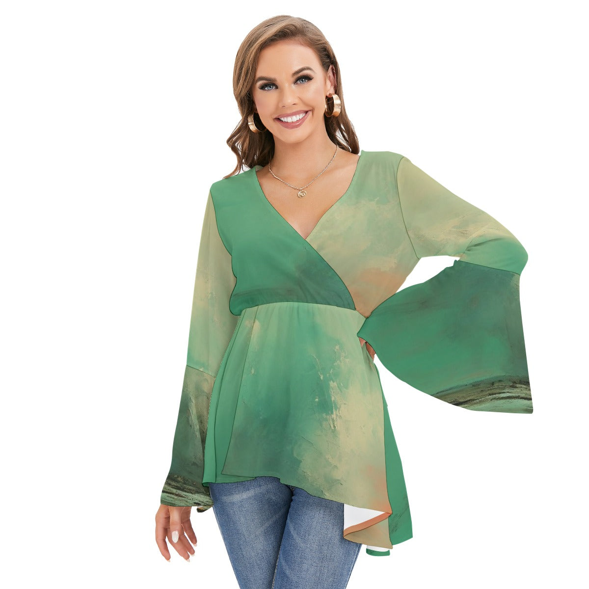 All-Over Print Women's V-neck Blouse With Flared Sleeves