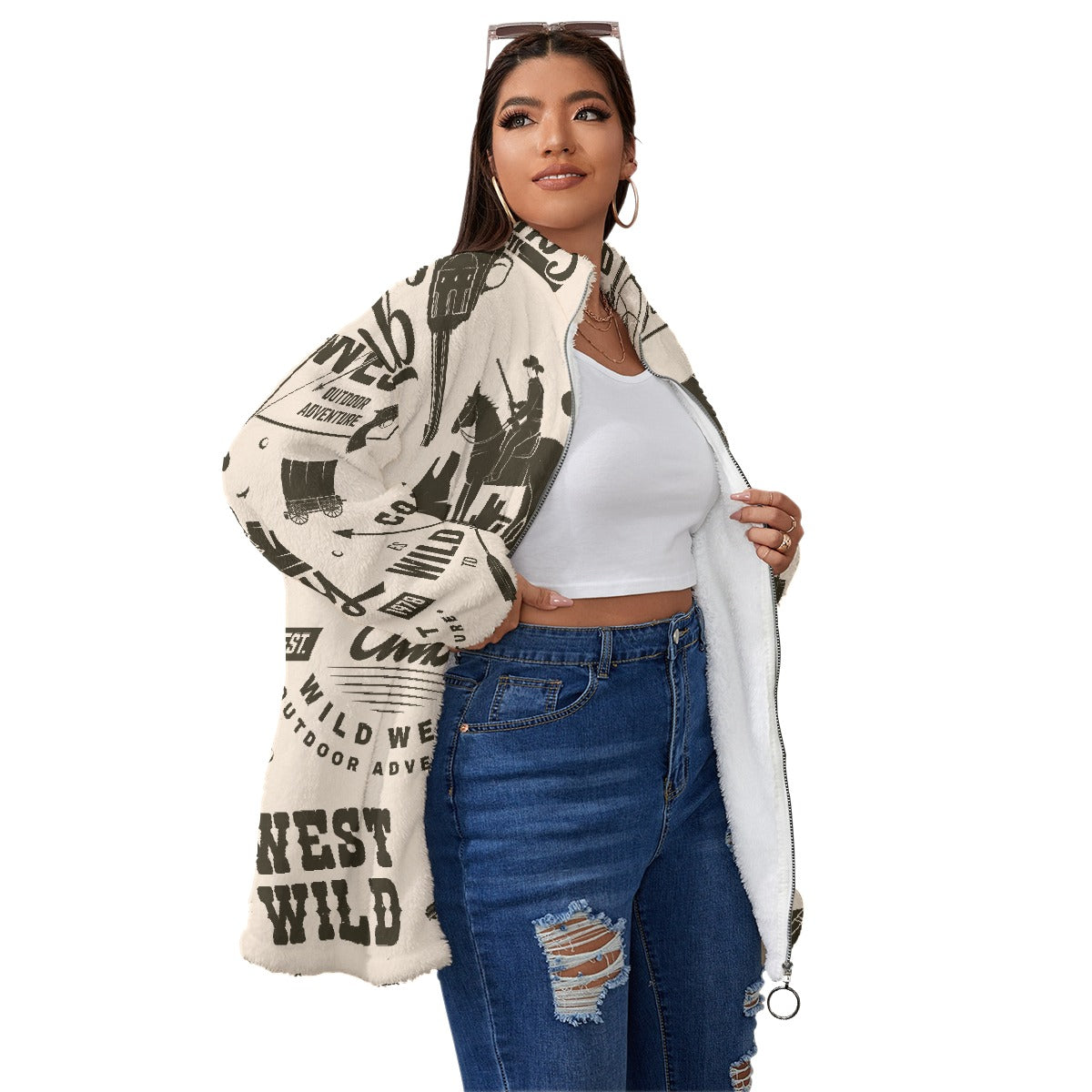 All-Over Print Unisex Borg Fleece Stand-up Collar Coat With Zipper Closure(Plus Size)