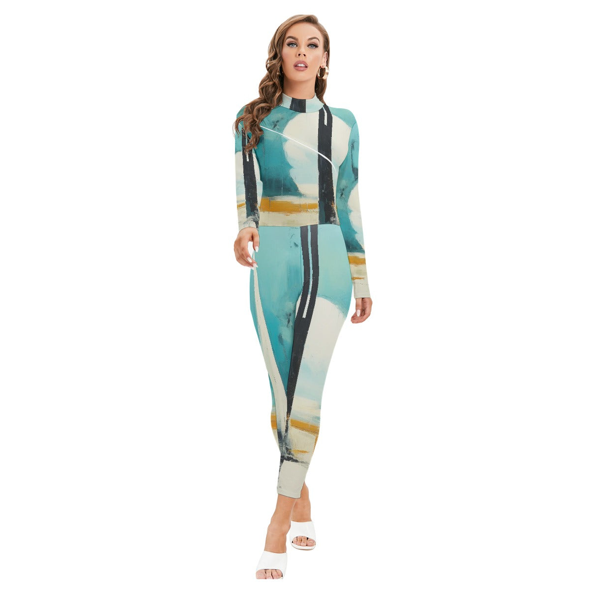 All-Over Print Women's Long-sleeved High-neck Jumpsuit With Zipper
