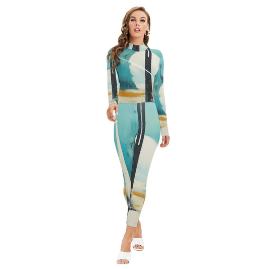 All-Over Print Women's Long-sleeved High-neck Jumpsuit With Zipper