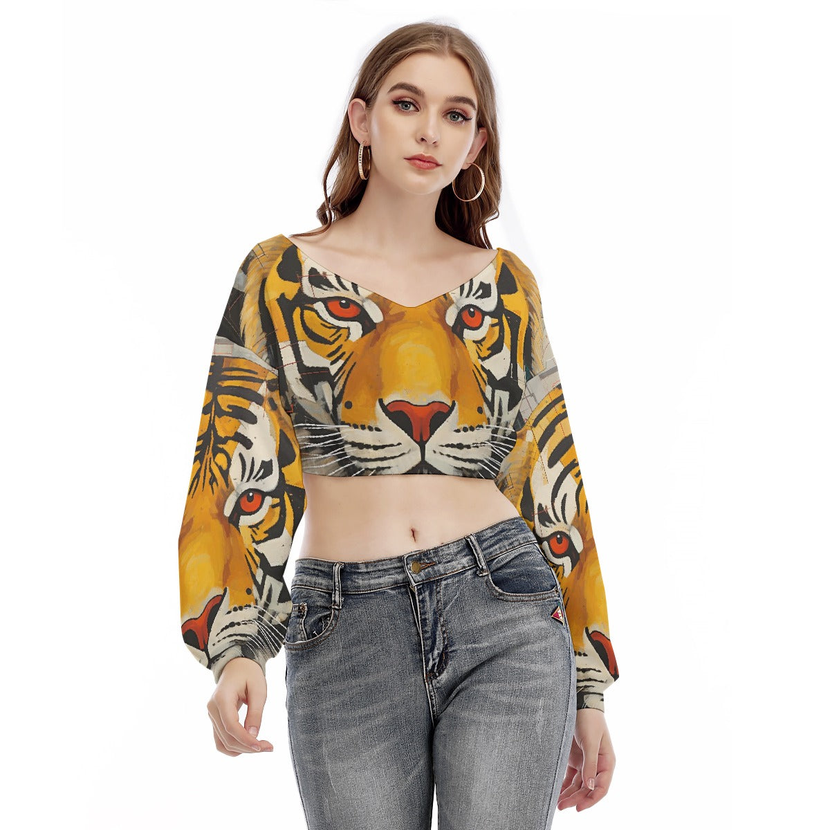 All-Over Print Women's V-neck Long Sleeve Cropped Sweatshirt
