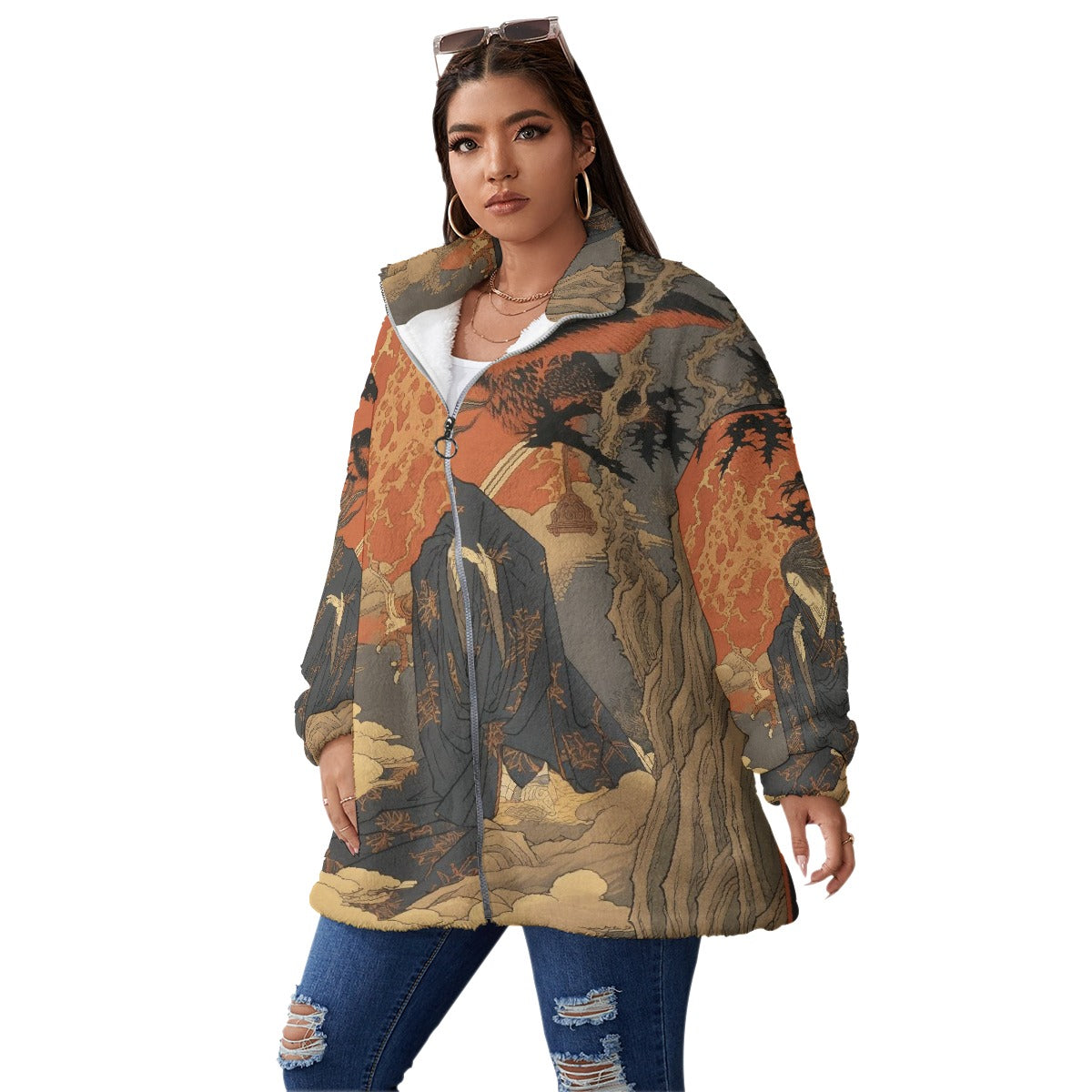 All-Over Print Unisex Borg Fleece Stand-up Collar Coat With Zipper Closure(Plus Size)