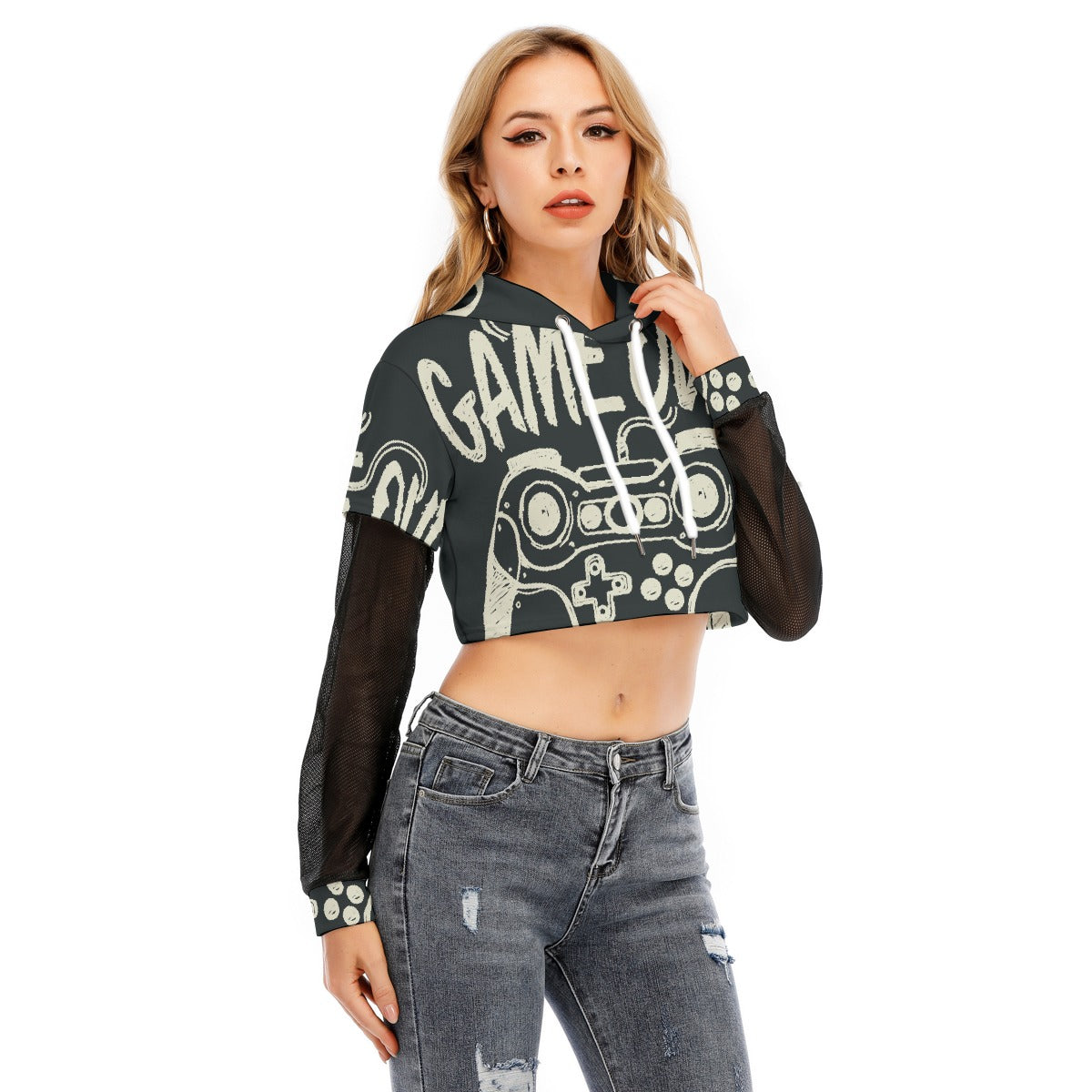 All-Over Print Women's Fake Two-piece Mesh Sleeve Cropped Hoodie