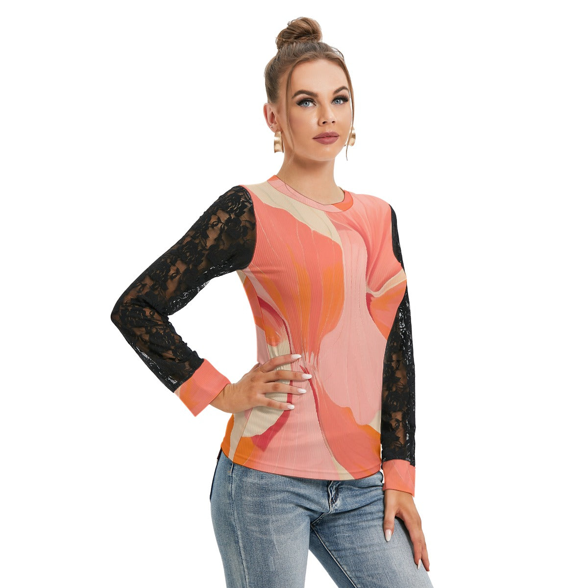 All-Over Print Women's T-shirt And Sleeve With Black Lace