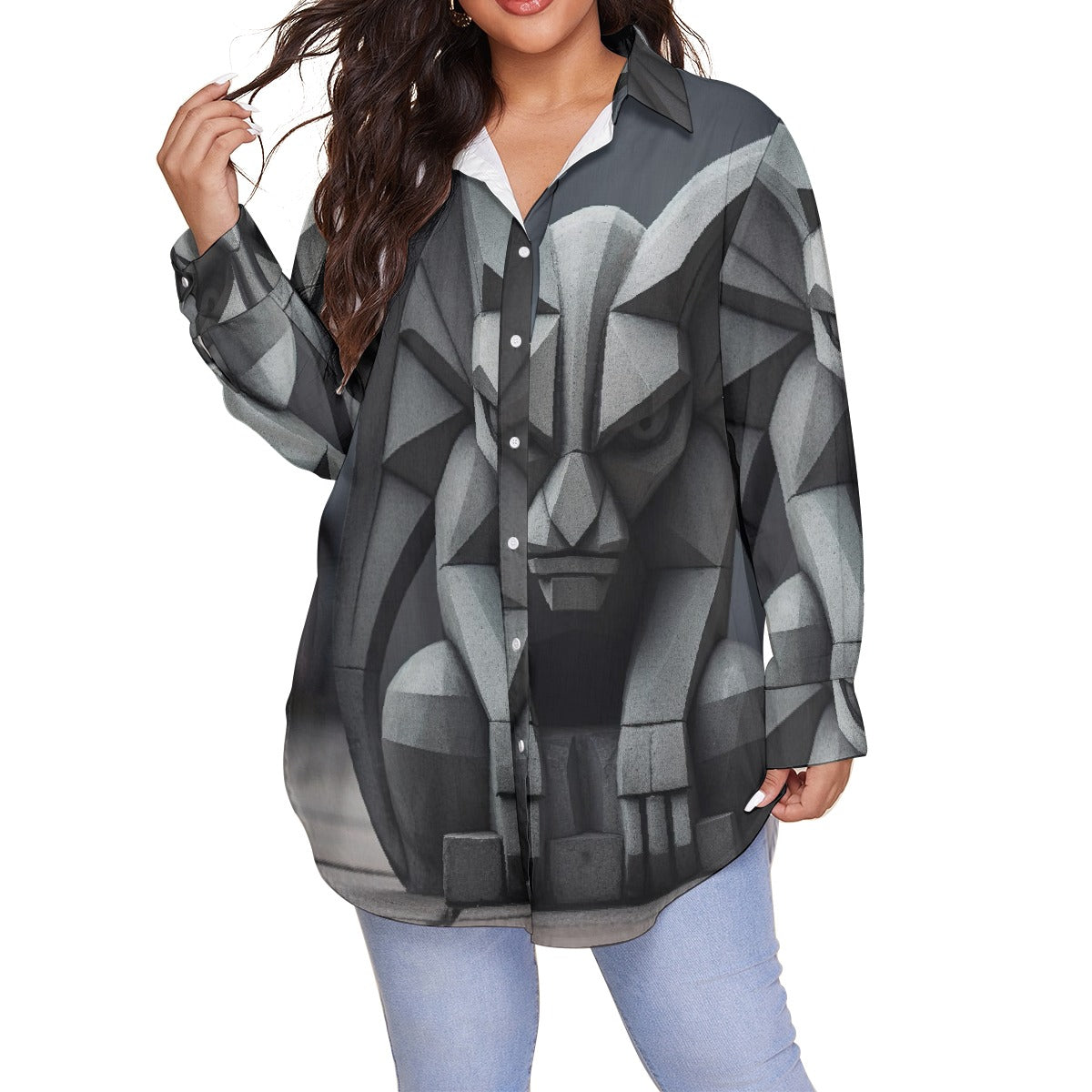 All-Over Print Women's Shirt With Long Sleeve(Plus Size)