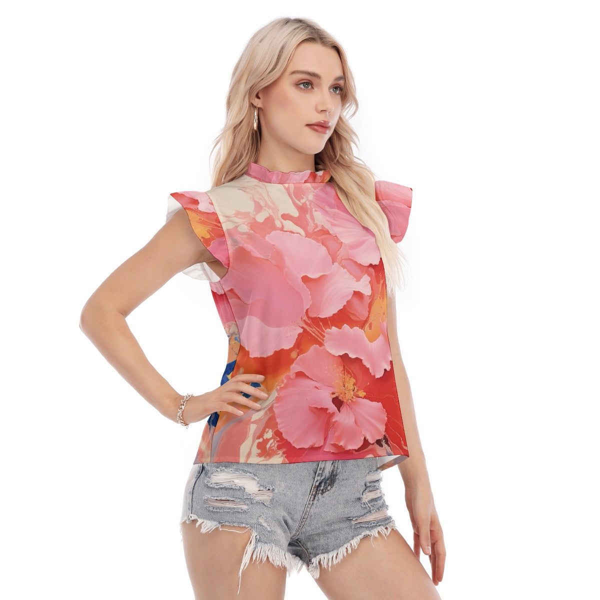 All-Over Print Women's Blouse With Ruffle Collar And Sleeve