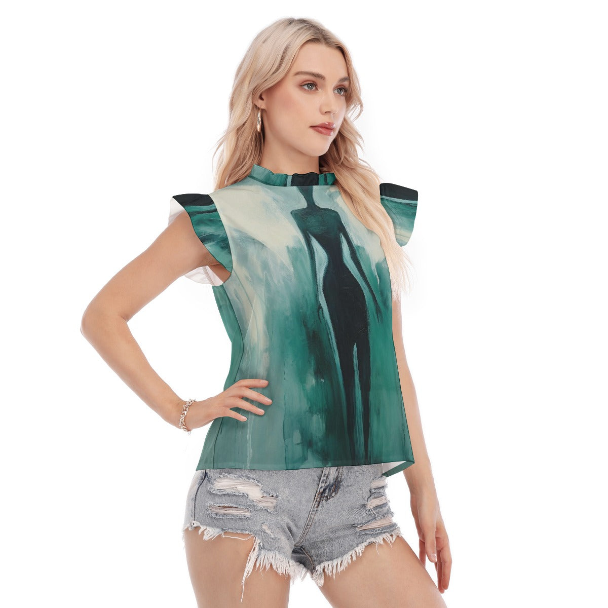 All-Over Print Women's Blouse With Ruffle Collar And Sleeve