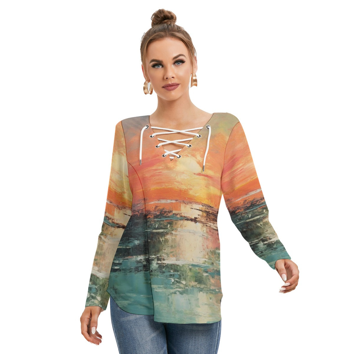 All-Over Print Women's Long Sleeve Neckline Tie Sweatshirt