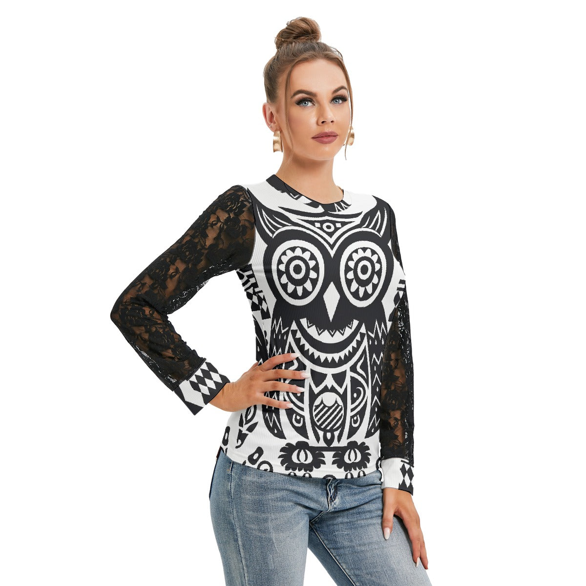 All-Over Print Women's T-shirt And Sleeve With Black Lace
