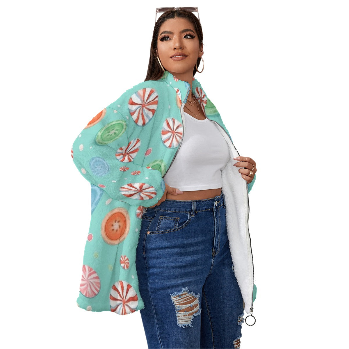 All-Over Print Unisex Borg Fleece Stand-up Collar Coat With Zipper Closure(Plus Size)