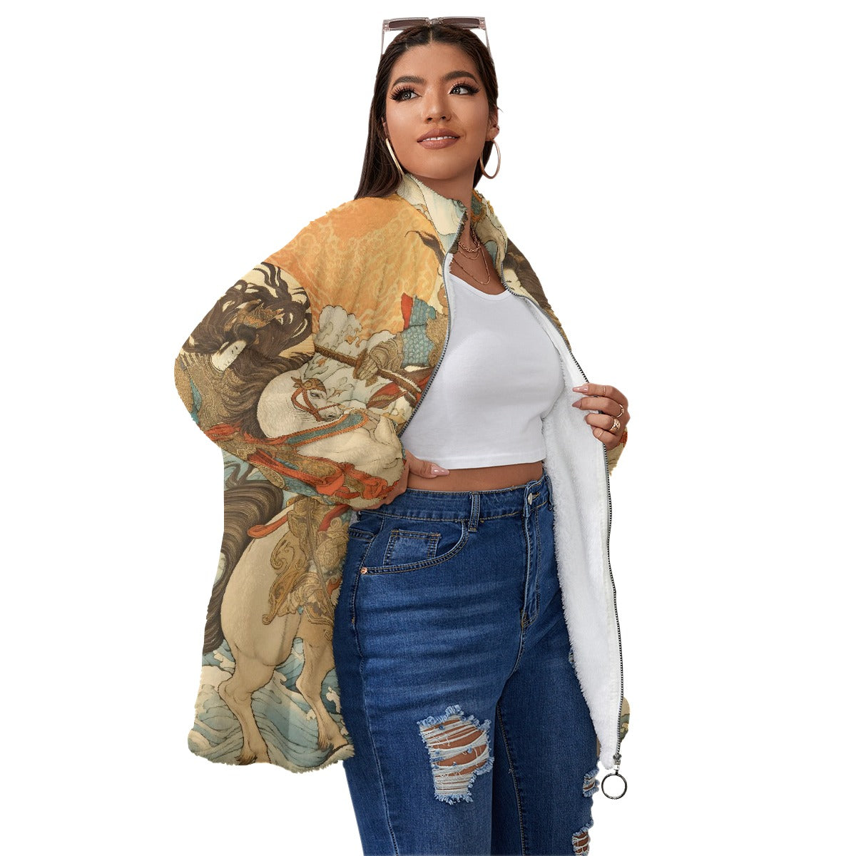 All-Over Print Unisex Borg Fleece Stand-up Collar Coat With Zipper Closure(Plus Size)