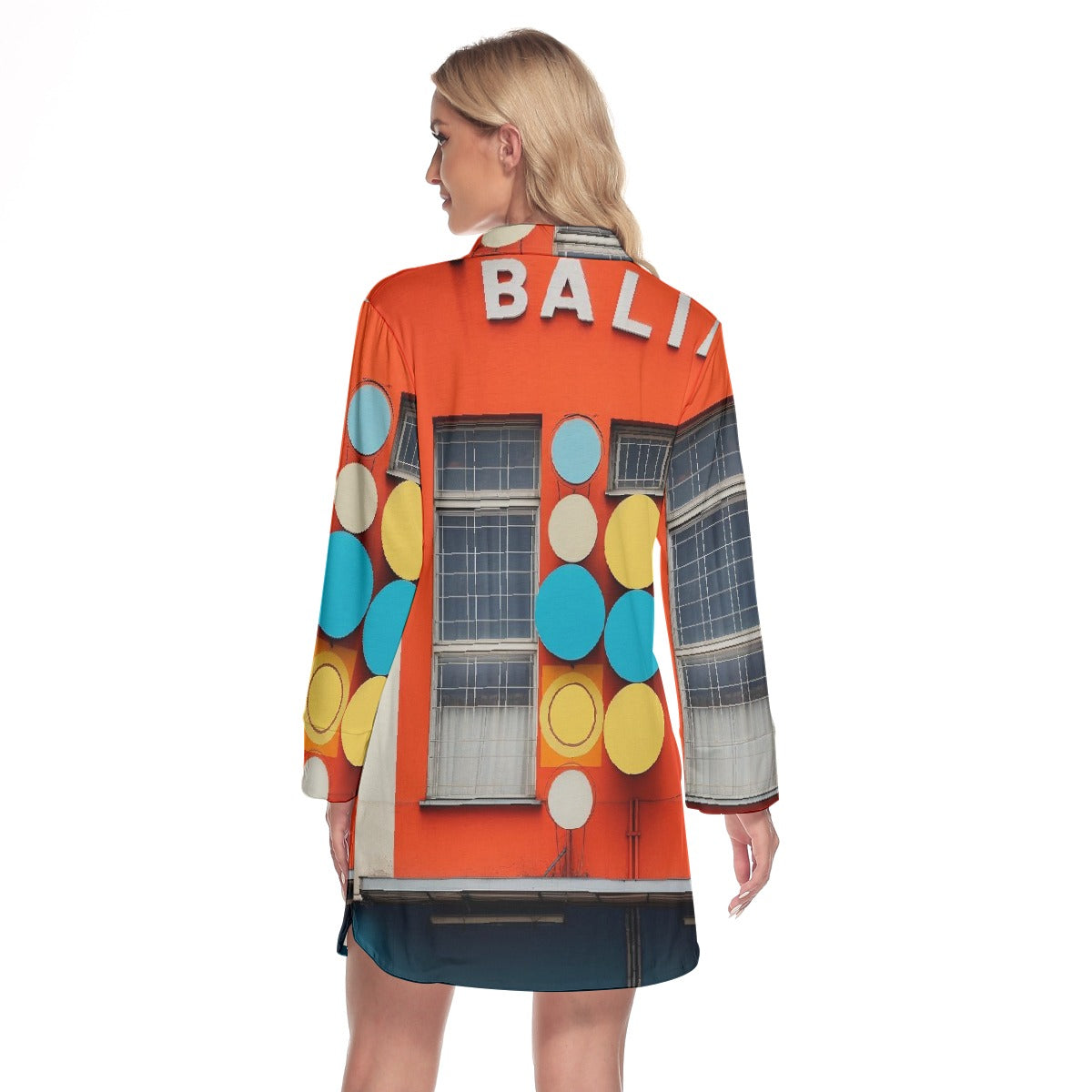 All-Over Print Women's Lapel Shirt Dress With Long Sleeve