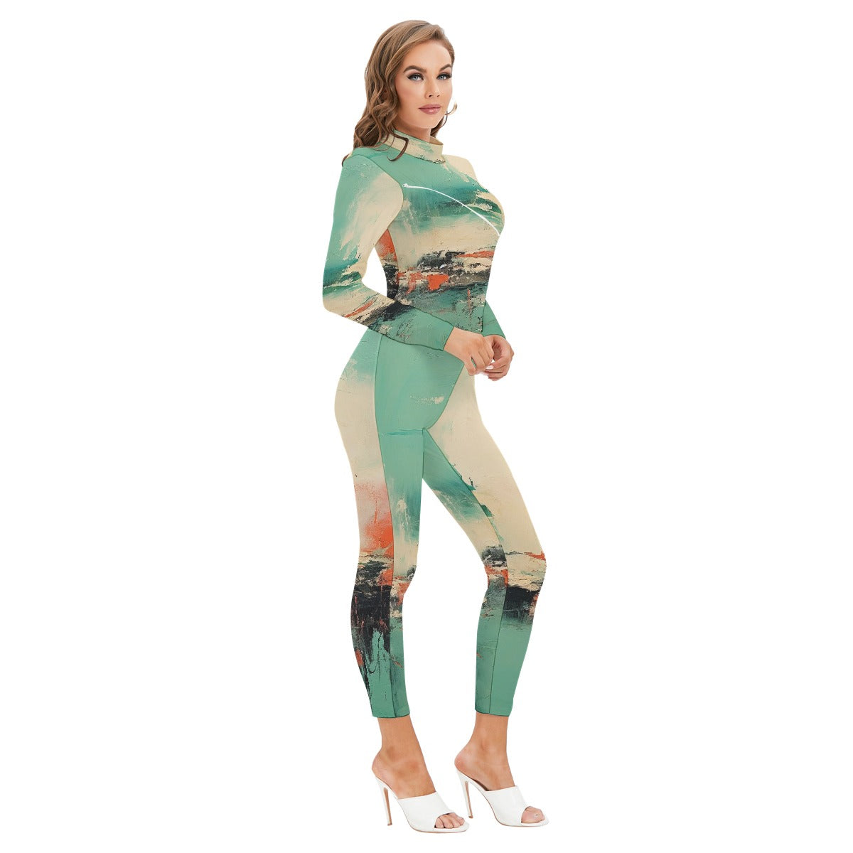 All-Over Print Women's Long-sleeved High-neck Jumpsuit With Zipper