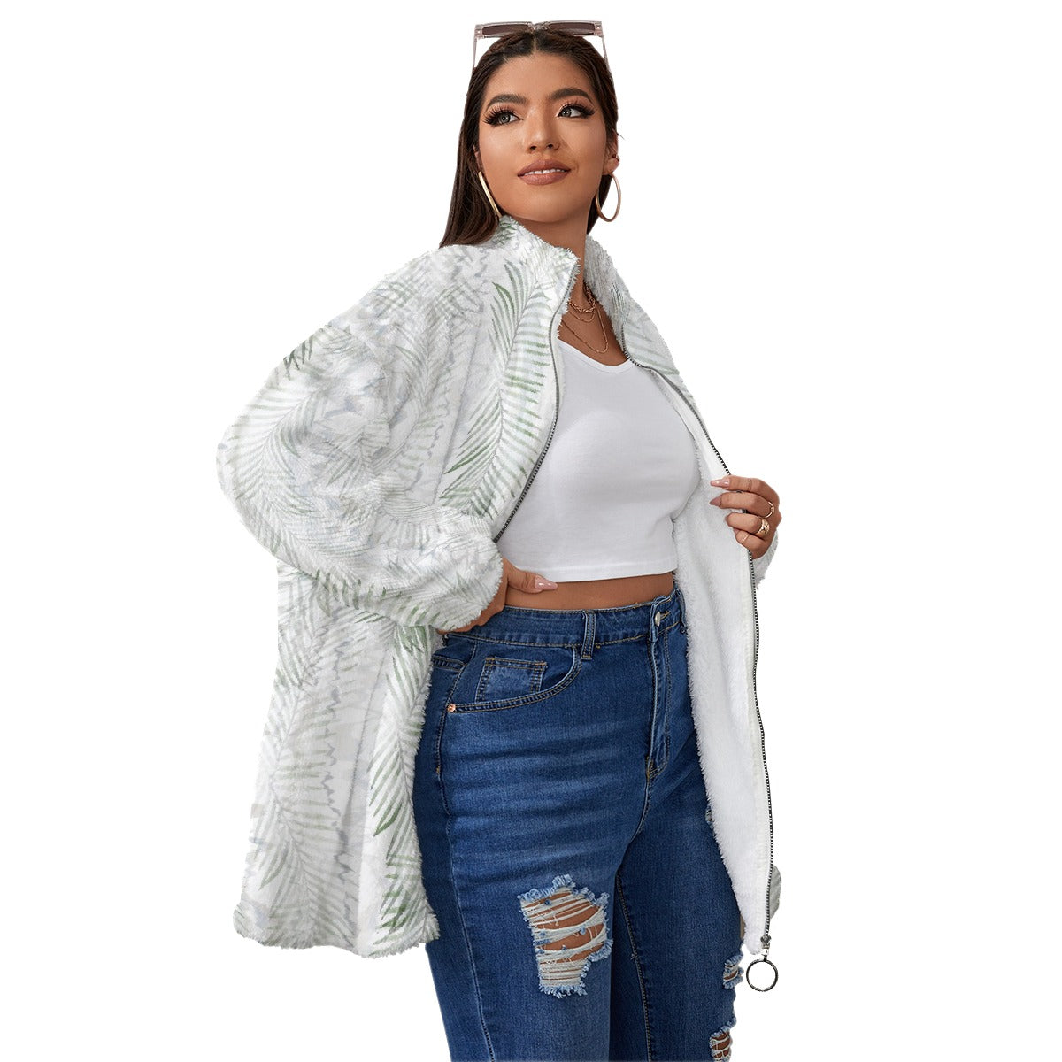 All-Over Print Unisex Borg Fleece Stand-up Collar Coat With Zipper Closure(Plus Size)