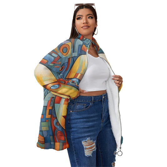 All-Over Print Unisex Borg Fleece Stand-up Collar Coat With Zipper Closure(Plus Size)