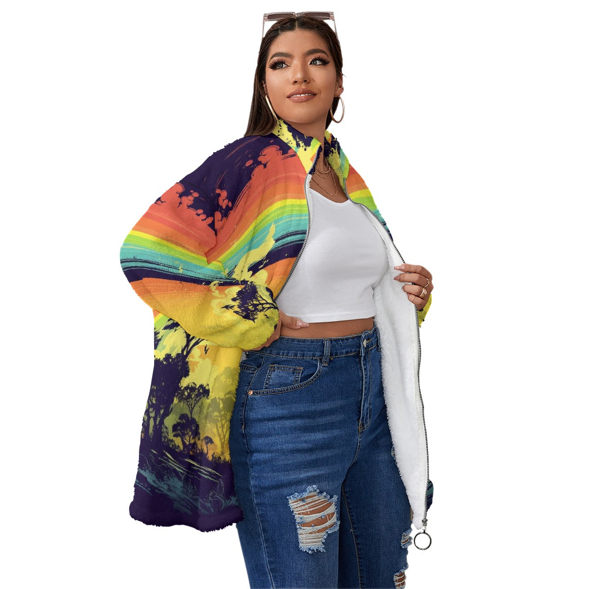 All-Over Print Unisex Borg Fleece Stand-up Collar Coat With Zipper Closure(Plus Size)