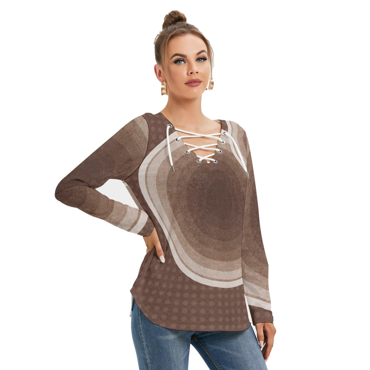 All-Over Print Women's Long Sleeve Neckline Tie Sweatshirt