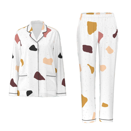 All-Over Print Women's Long Sleeve Pajama Set With Black Contrast Piping