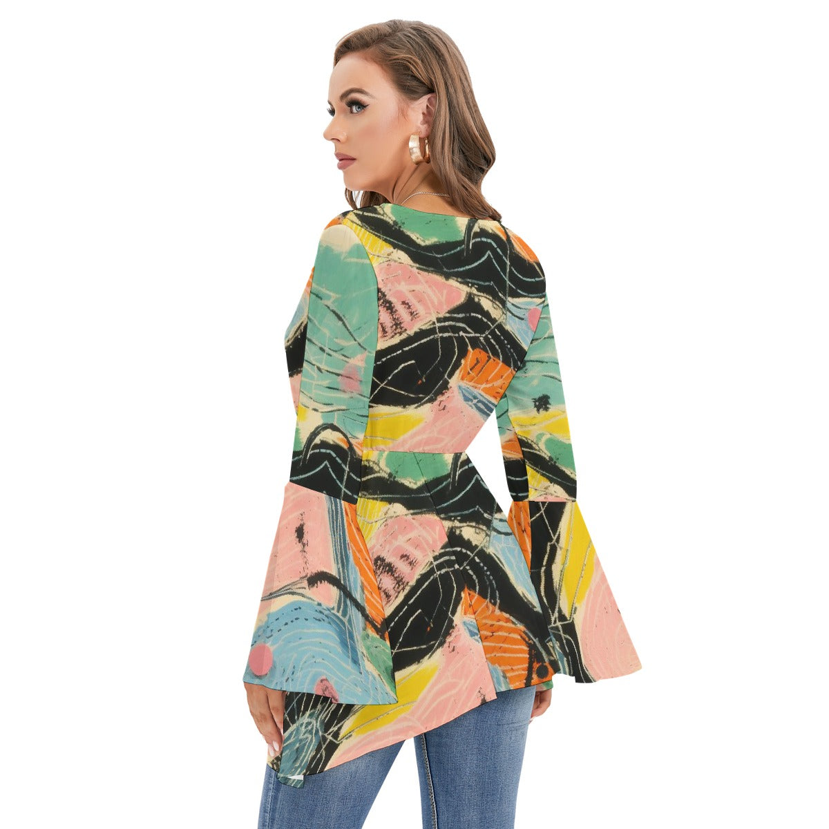 All-Over Print Women's V-neck Blouse With Flared Sleeves