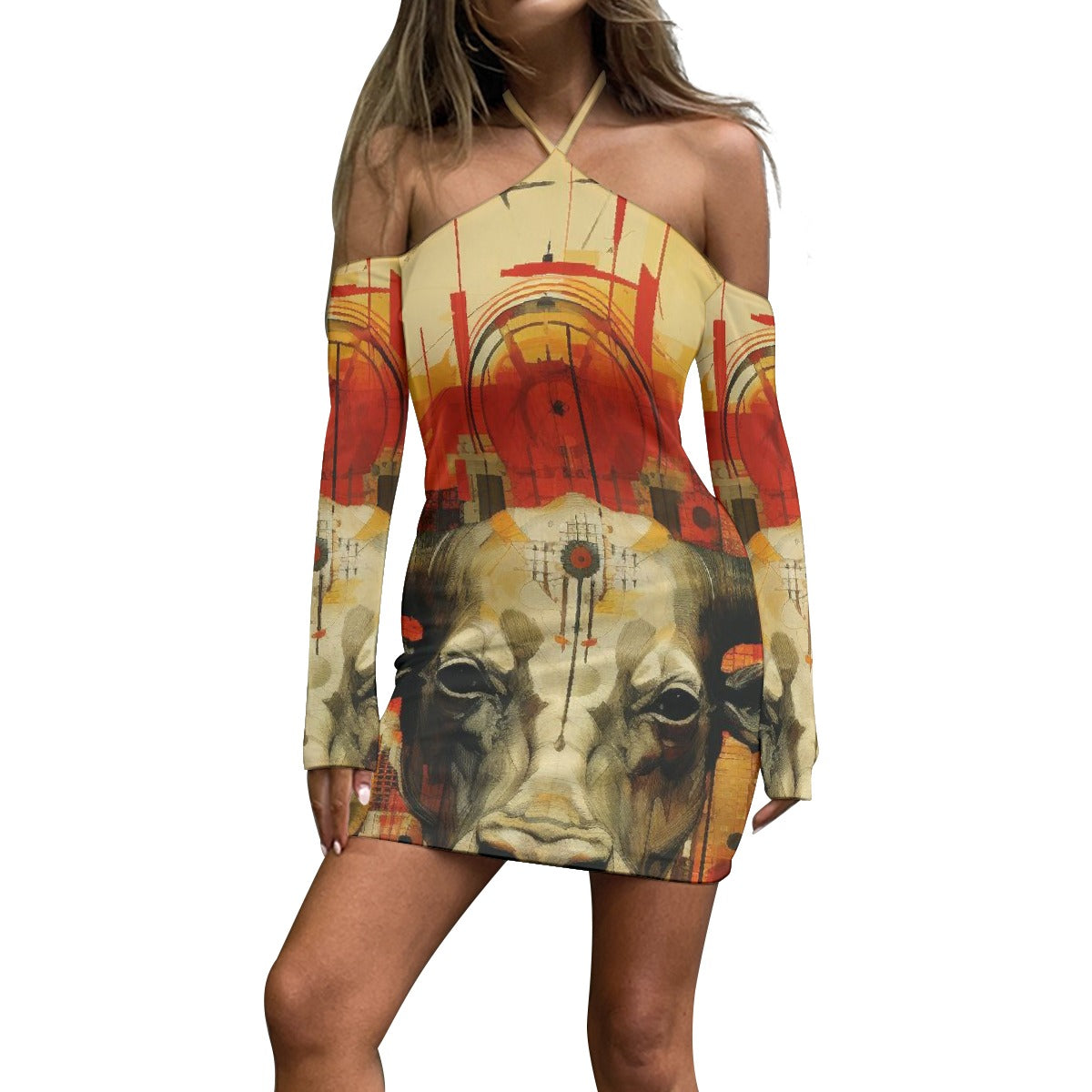 All-Over Print Women's Halter Lace-up Dress