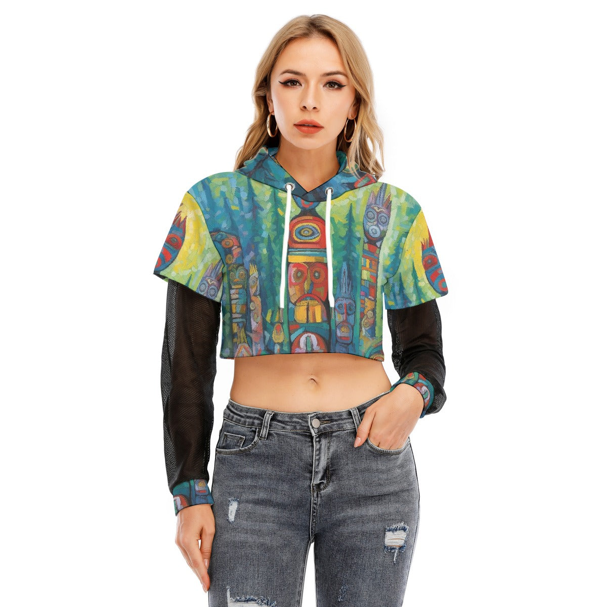 All-Over Print Women's Fake Two-piece Mesh Sleeve Cropped Hoodie