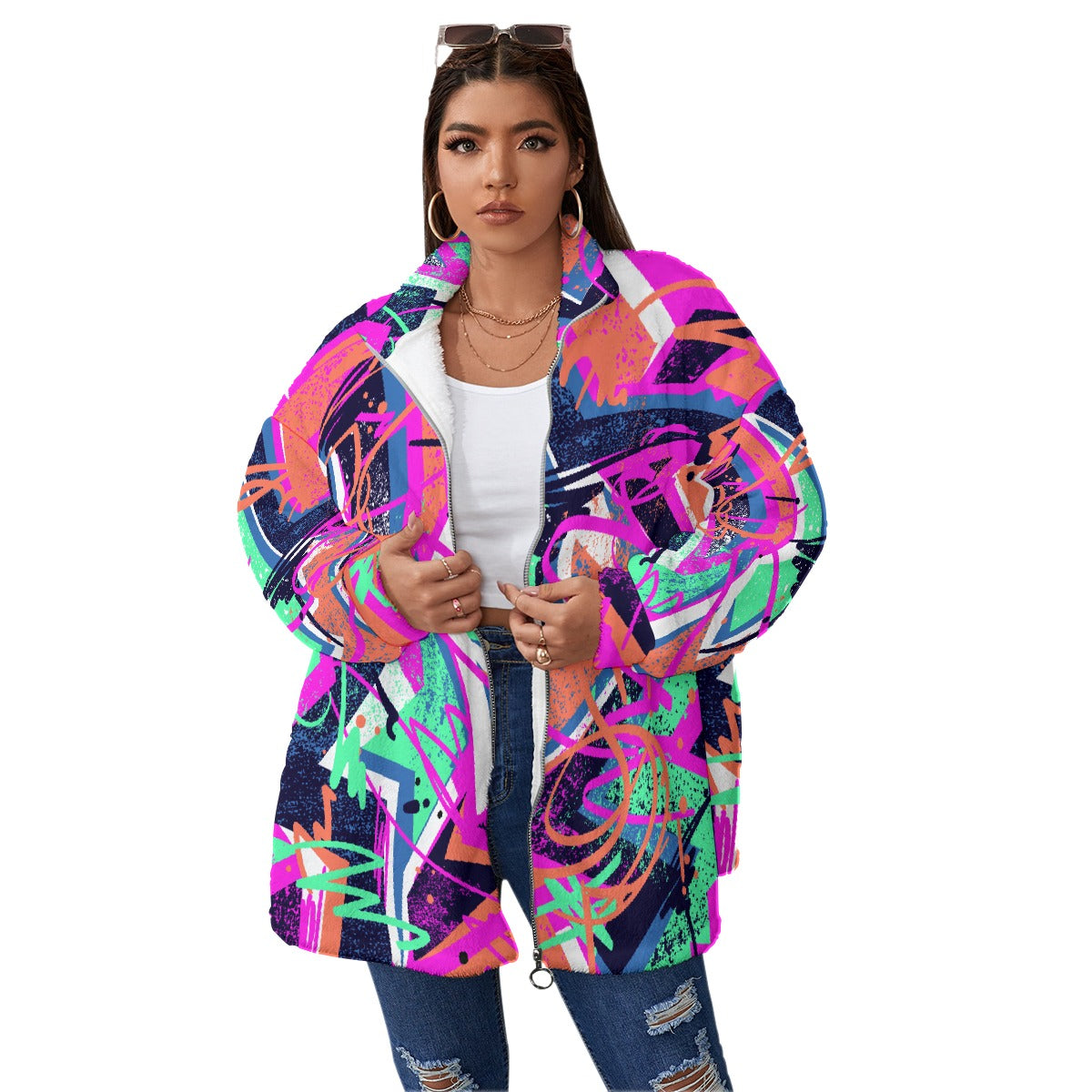 All-Over Print Unisex Borg Fleece Stand-up Collar Coat With Zipper Closure(Plus Size)