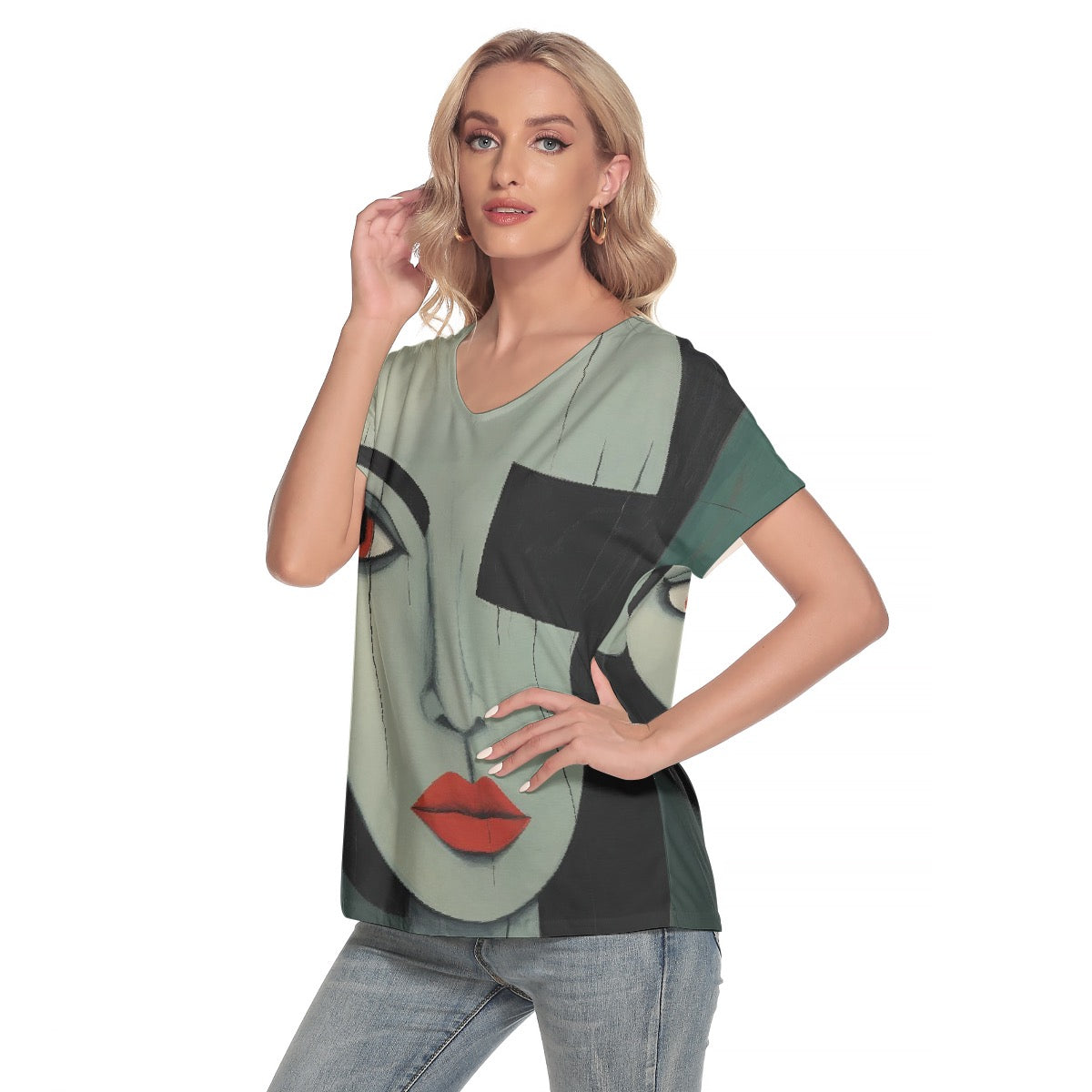 All-Over Print Women's Loose V-neck Short Sleeve T-shirt