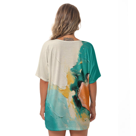 All-Over Print Women's Bat Sleeves V-Neck Blouse