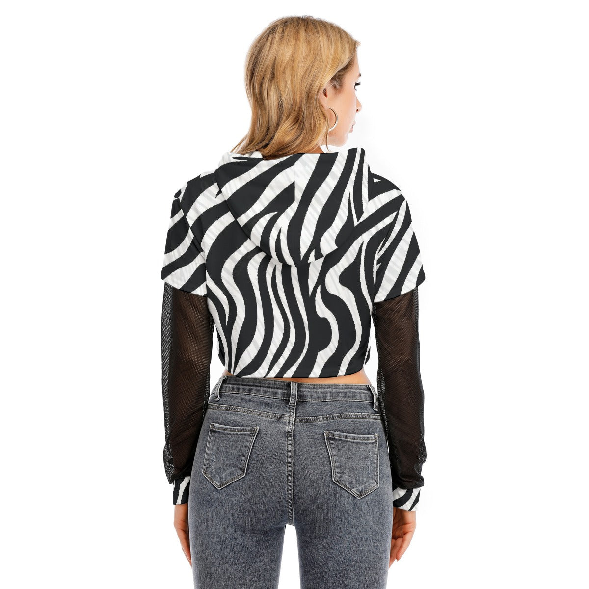 All-Over Print Women's Fake Two-piece Mesh Sleeve Cropped Hoodie