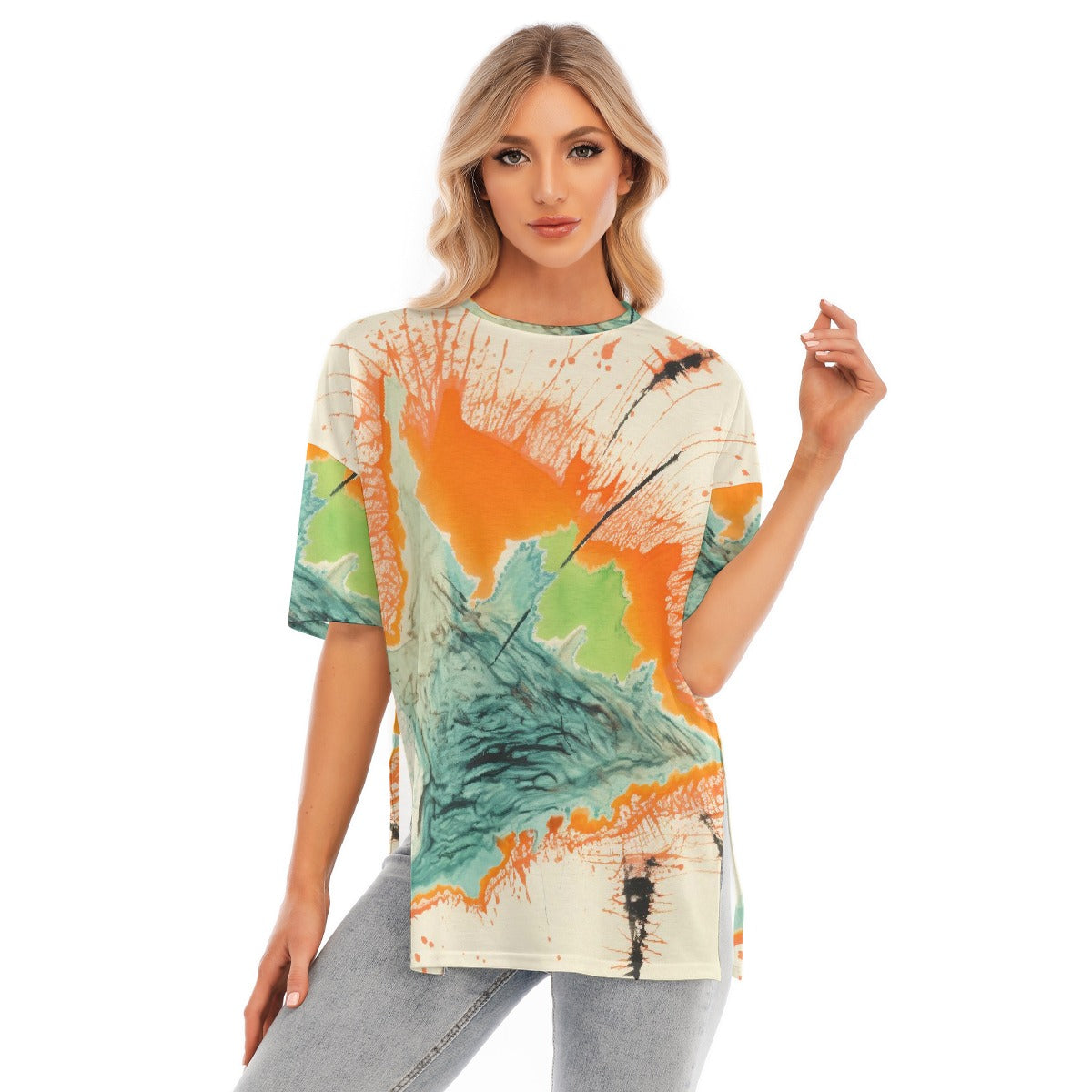 All-Over Print Women's Short Sleeves T-shirt With Hem Split