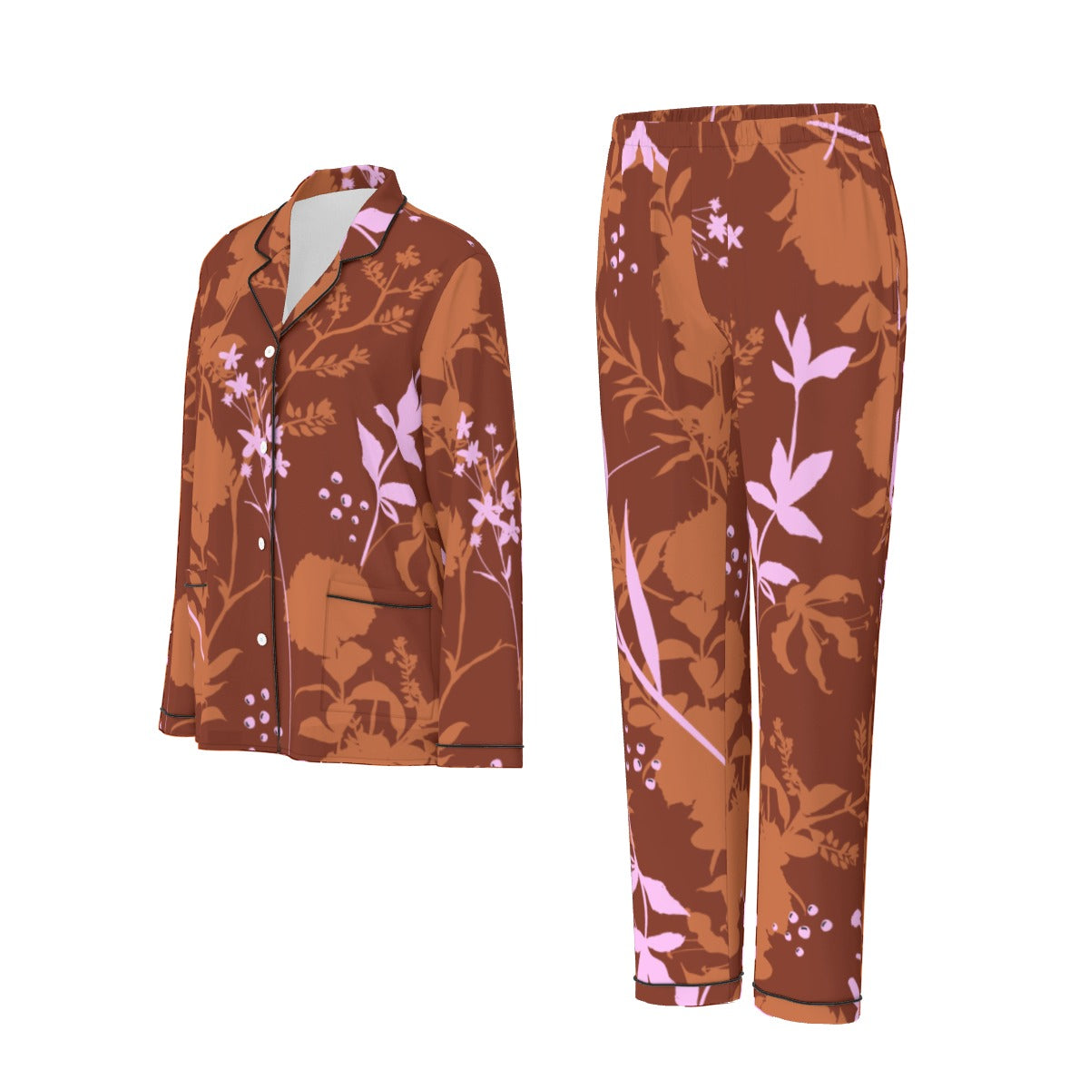 All-Over Print Women's Long Sleeve Pajama Set With Black Contrast Piping