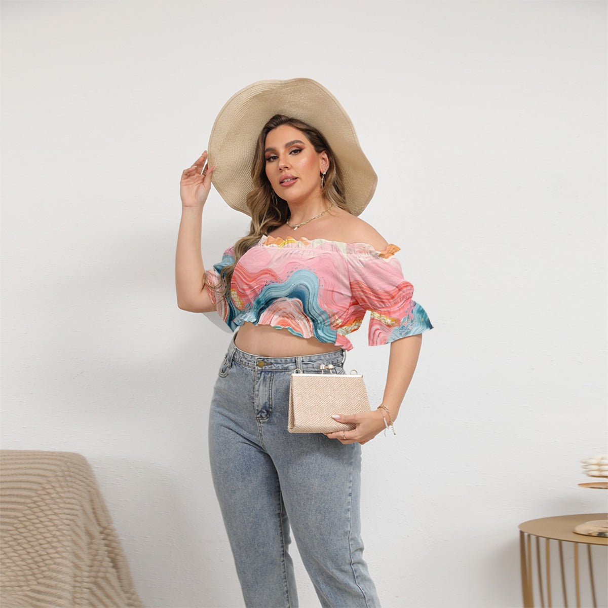 All-Over Print Women's Off-shoulder Cropped Top With Short Puff Sleeve