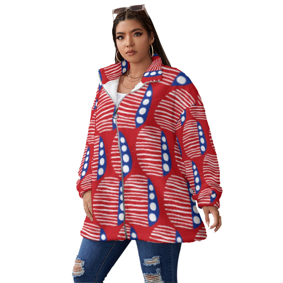 All-Over Print Unisex Borg Fleece Stand-up Collar Coat With Zipper Closure(Plus Size)