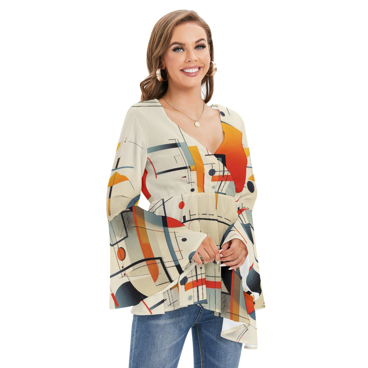 All-Over Print Women's V-neck Blouse With Flared Sleeves