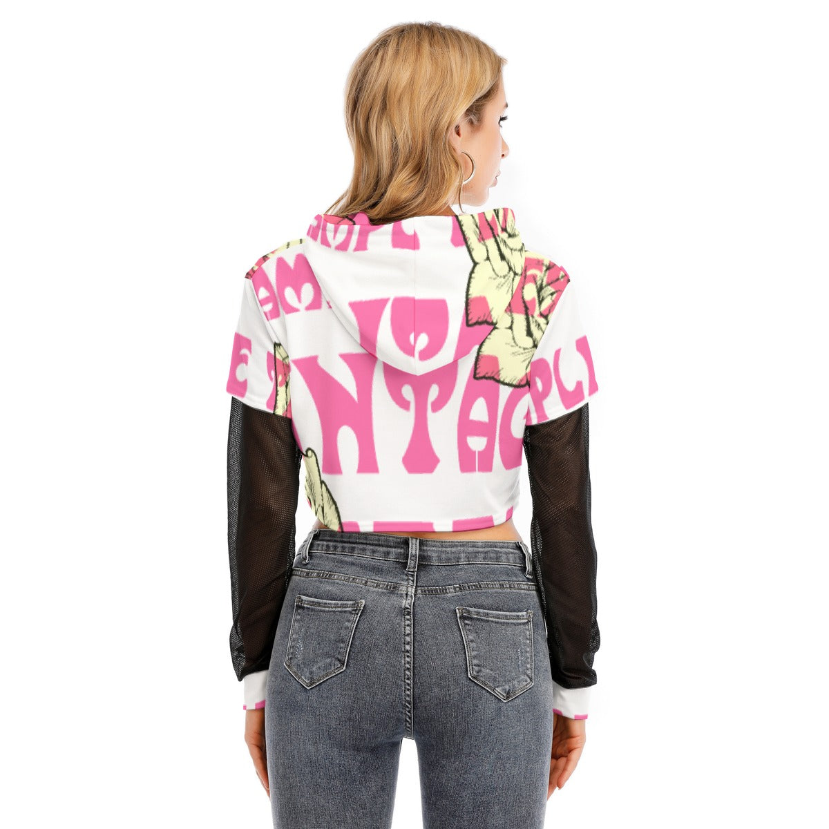 All-Over Print Women's Fake Two-piece Mesh Sleeve Cropped Hoodie