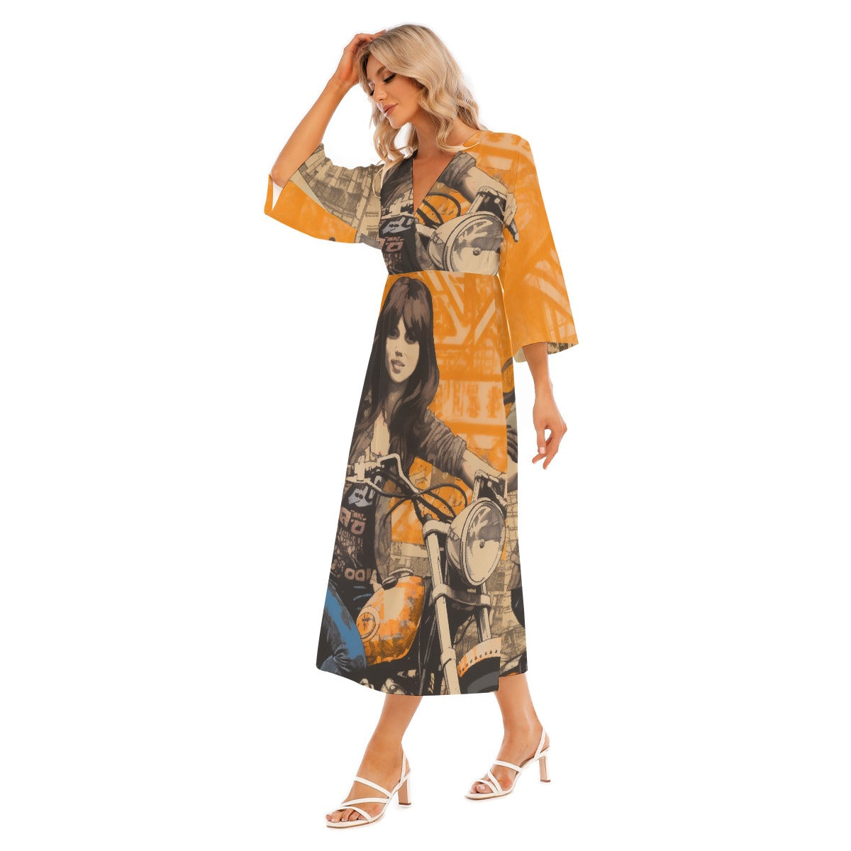 All-Over Print Women's Mid-Sleeve Long Dress