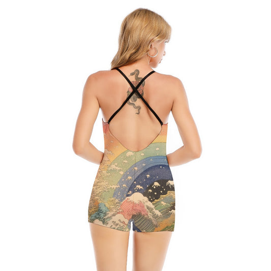 All-Over Print Women's Backless Romper With Black Straps