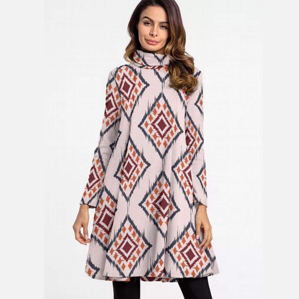 All-Over Print Women's High Neck Dress With Long Sleeve