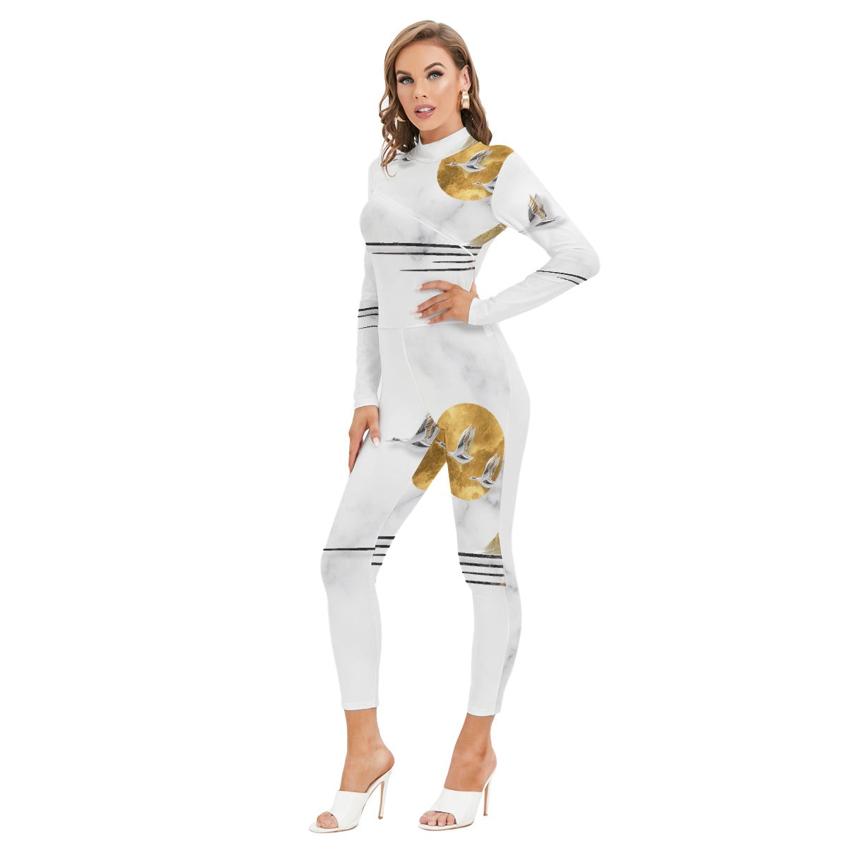 All-Over Print Women's Long-sleeved High-neck Jumpsuit With Zipper