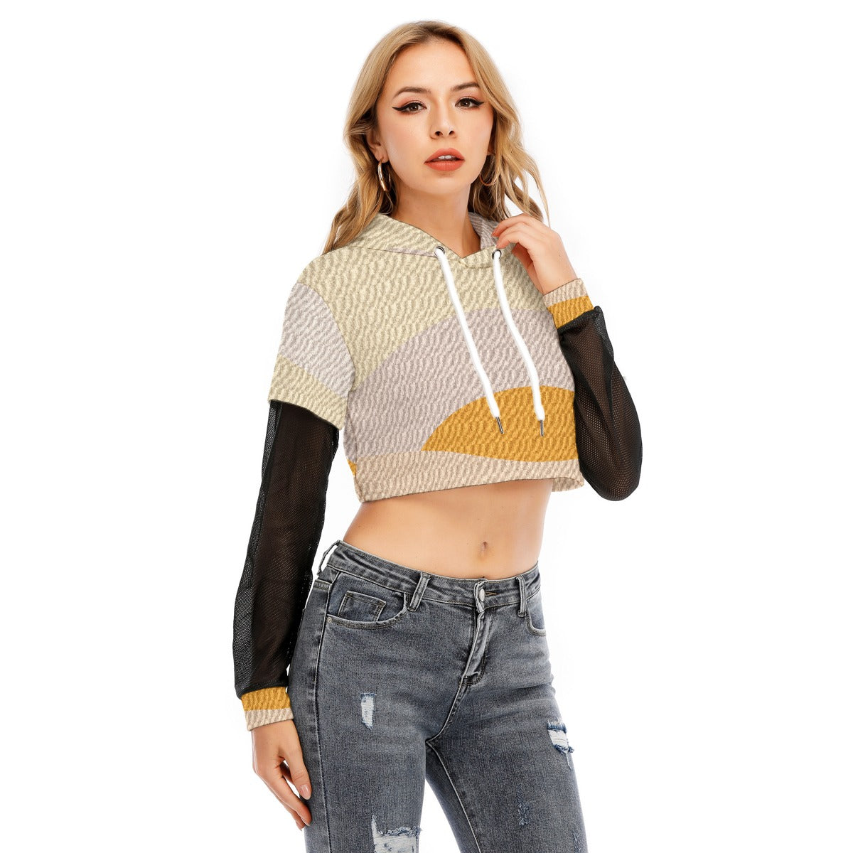All-Over Print Women's Fake Two-piece Mesh Sleeve Cropped Hoodie