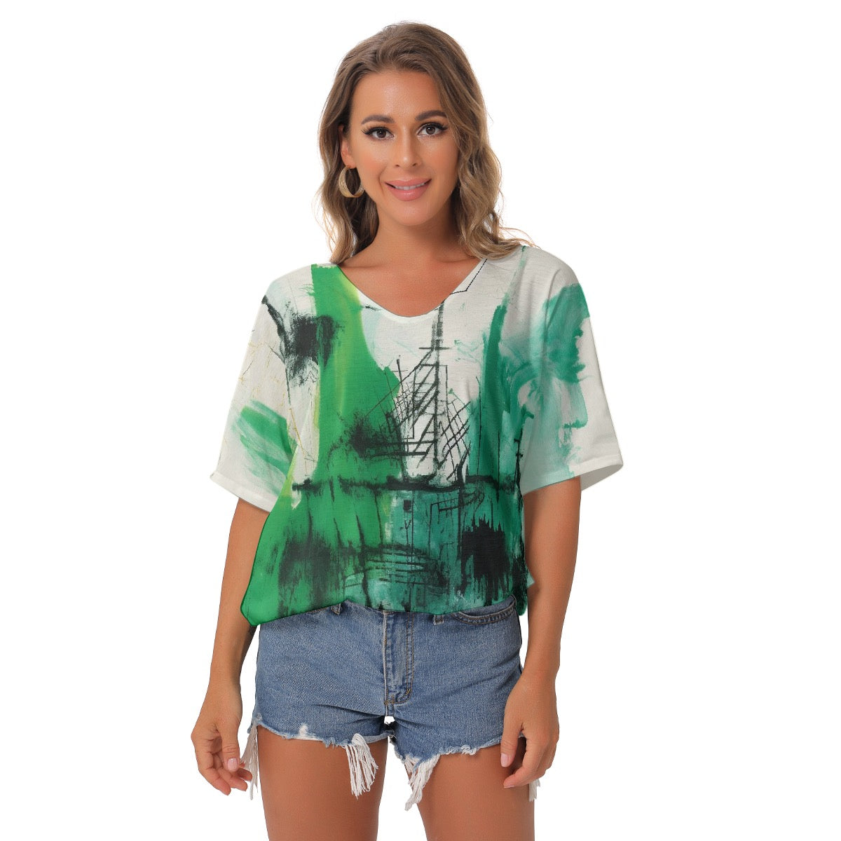 All-Over Print Women's Bat Sleeves V-Neck Blouse