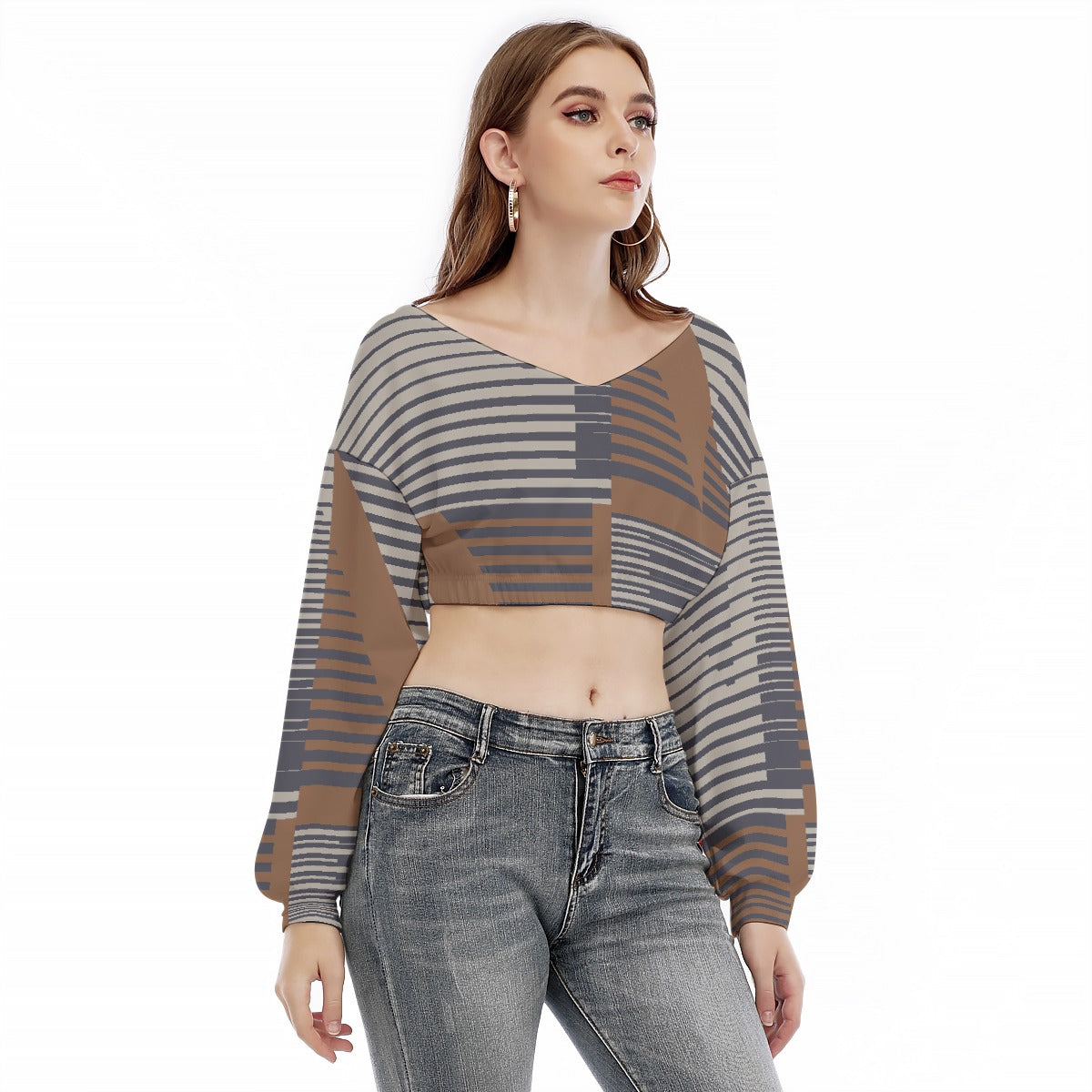 All-Over Print Women's V-neck Long Sleeve Cropped Sweatshirt