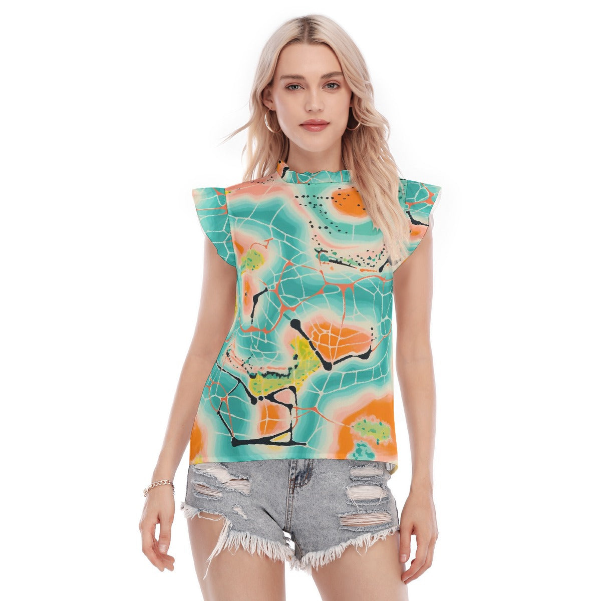 All-Over Print Women's Blouse With Ruffle Collar And Sleeve