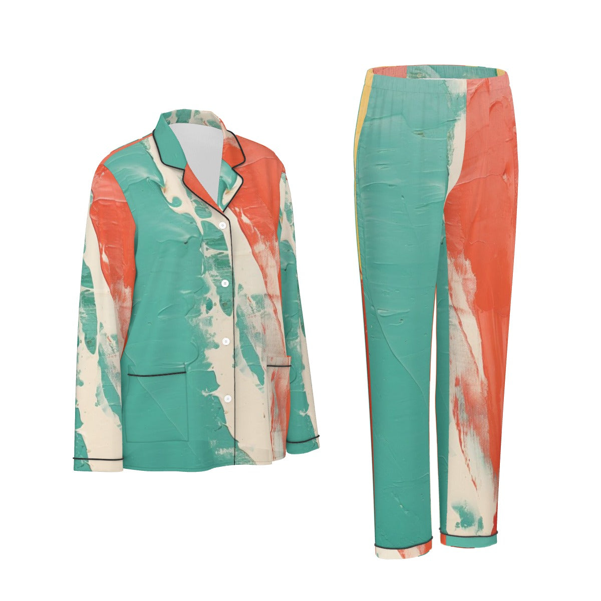 All-Over Print Women's Long Sleeve Pajama Set With Black Contrast Piping