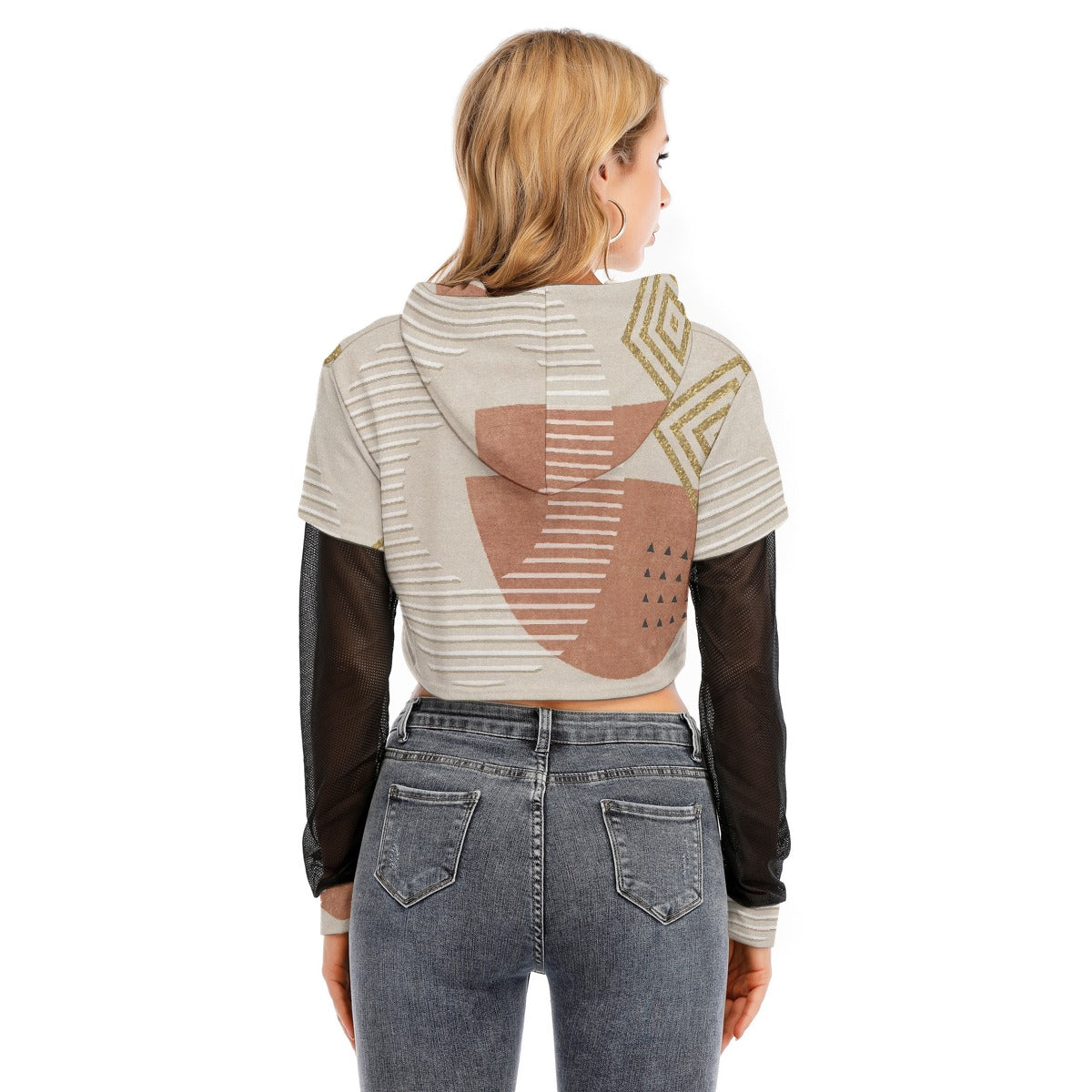 All-Over Print Women's Fake Two-piece Mesh Sleeve Cropped Hoodie