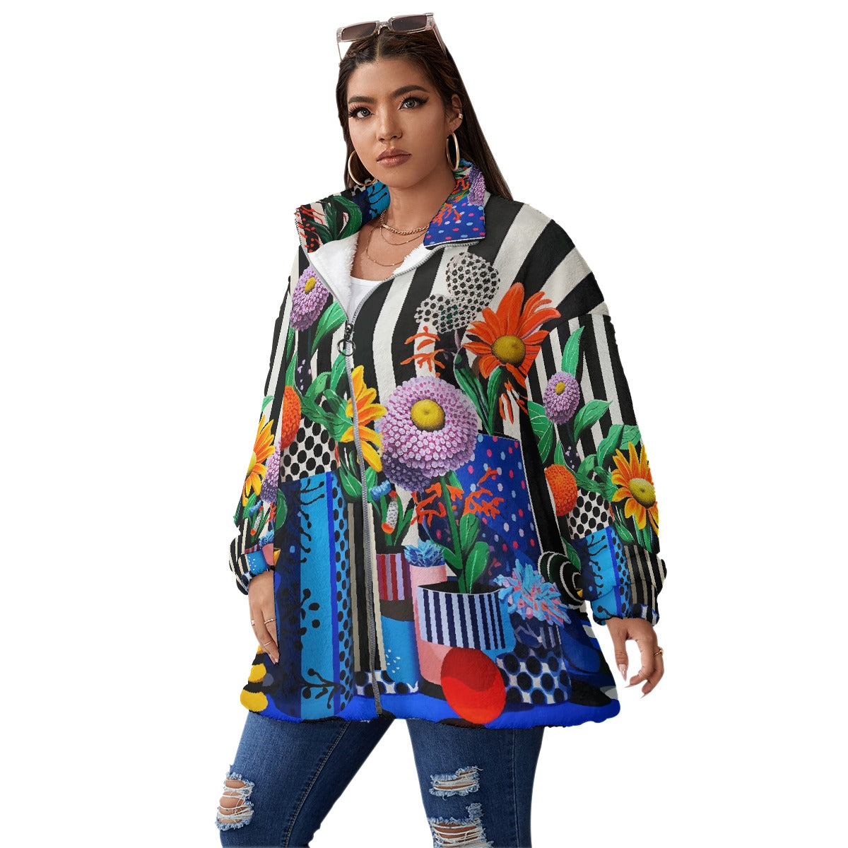 All-Over Print Unisex Borg Fleece Stand-up Collar Coat With Zipper Closure(Plus Size)