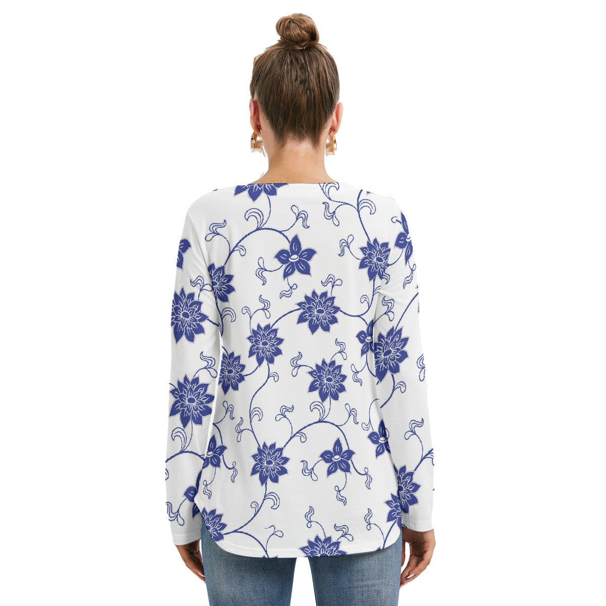 All-Over Print Women's Long Sleeve Neckline Tie Sweatshirt
